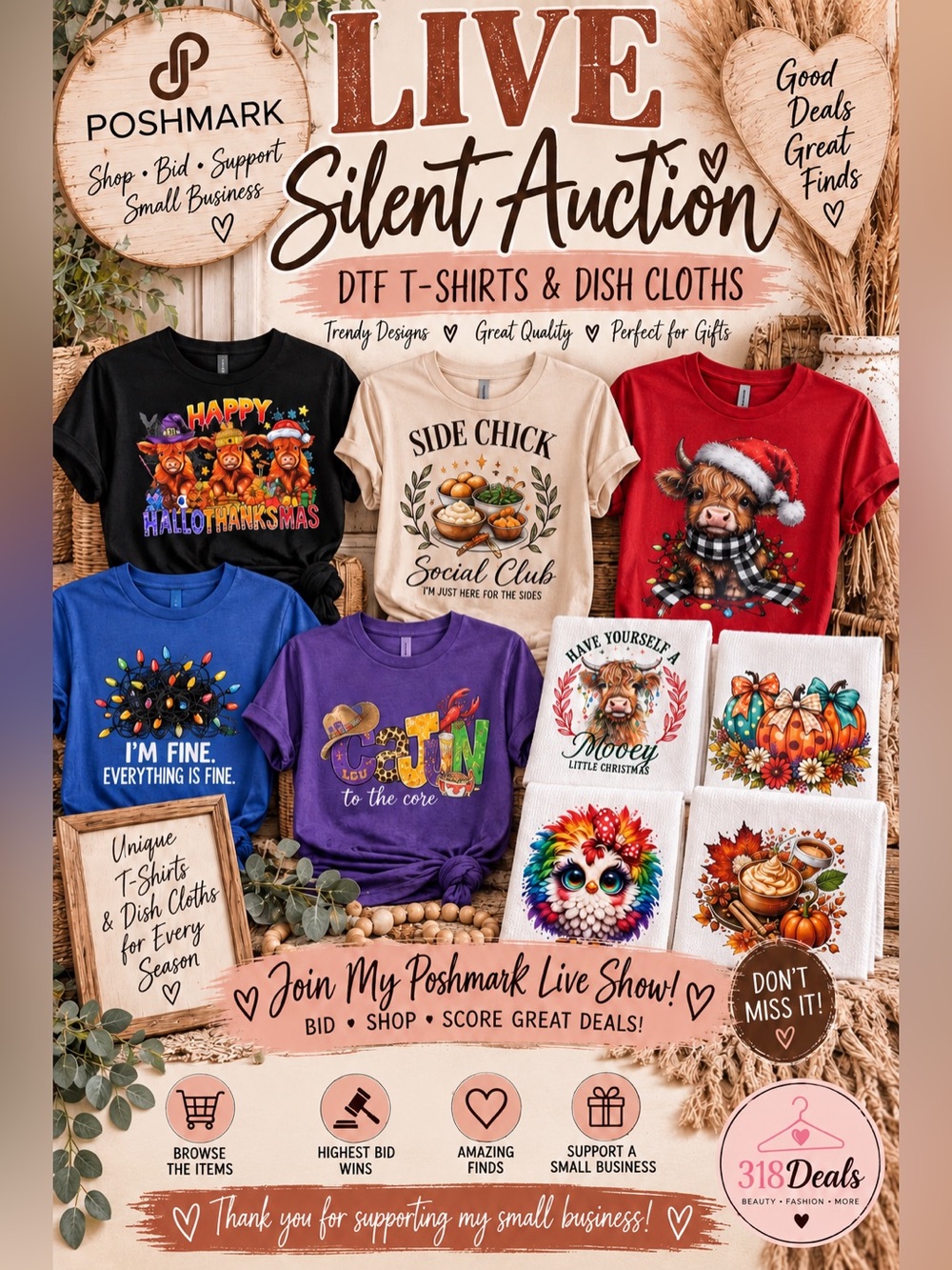 Live Silent Auction on DTF shirts and Dish Towels @ 9:15 CST